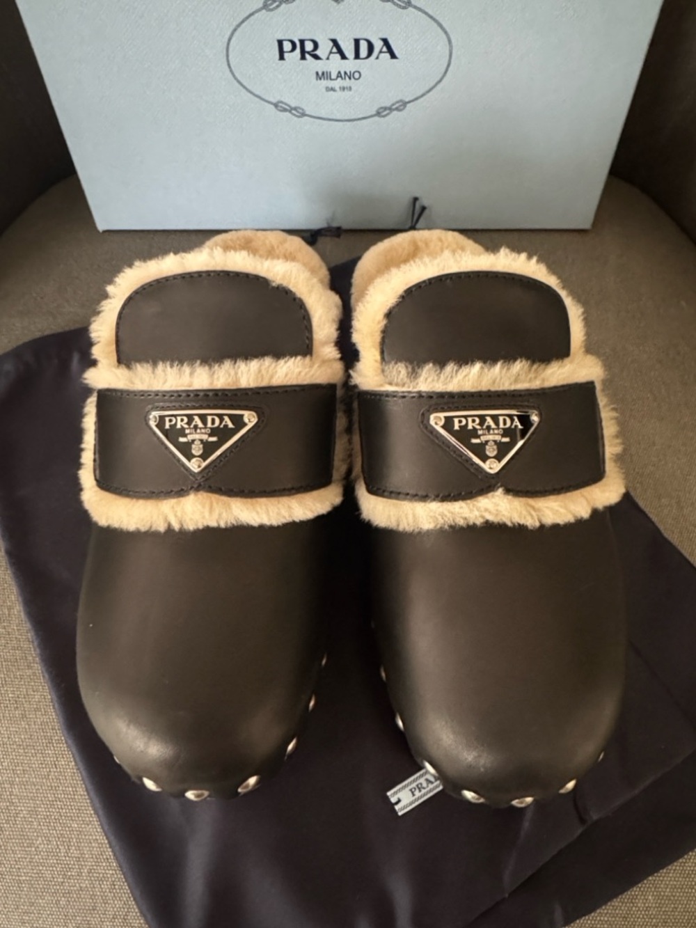 Prada logo Black Leather Stud Shearling Lined Clog, 45mm - Picture 2 of 10